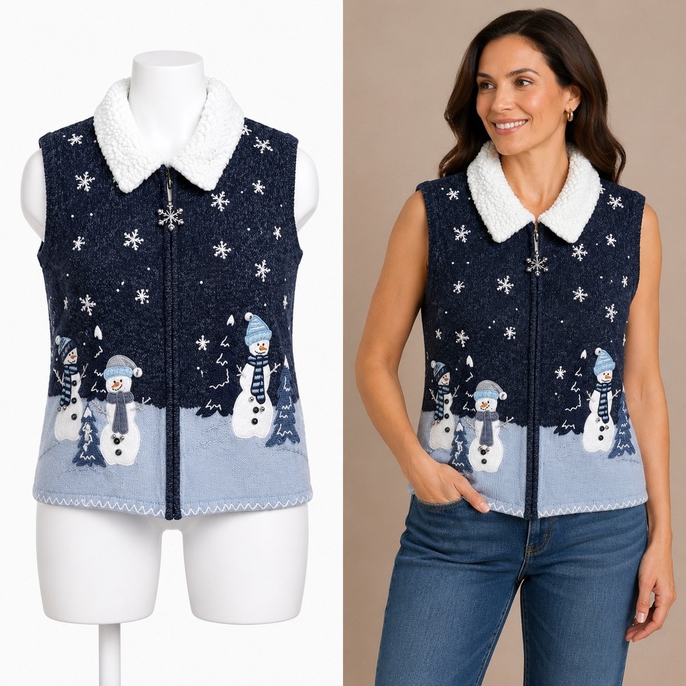 Vintage White Stag Vest Large Snowman Christmas Holiday Knit Zip Sherpa Collar